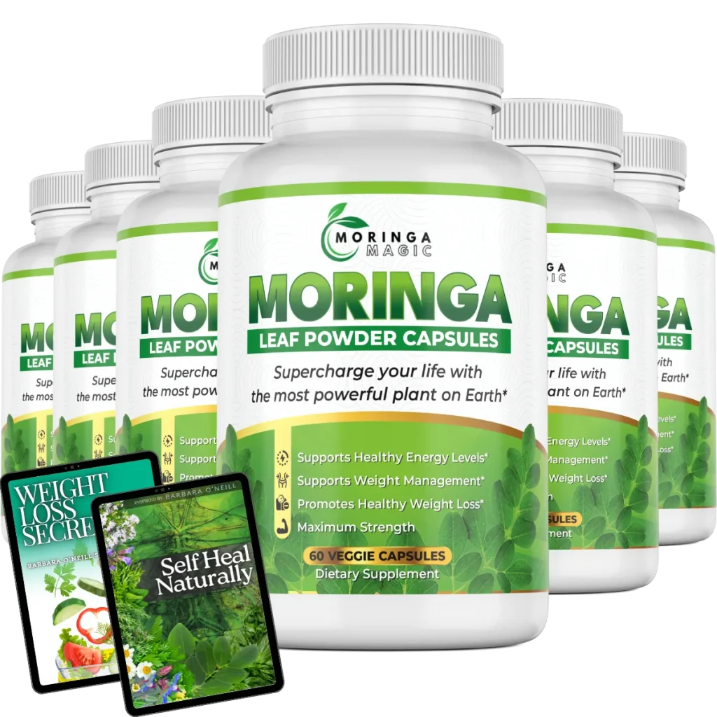 Moringa Magic bottles with included digital wellness eBooks inspired by Barbara O’Neill