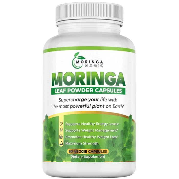 Moringa Magic dietary supplement bottle with 60 veggie capsules