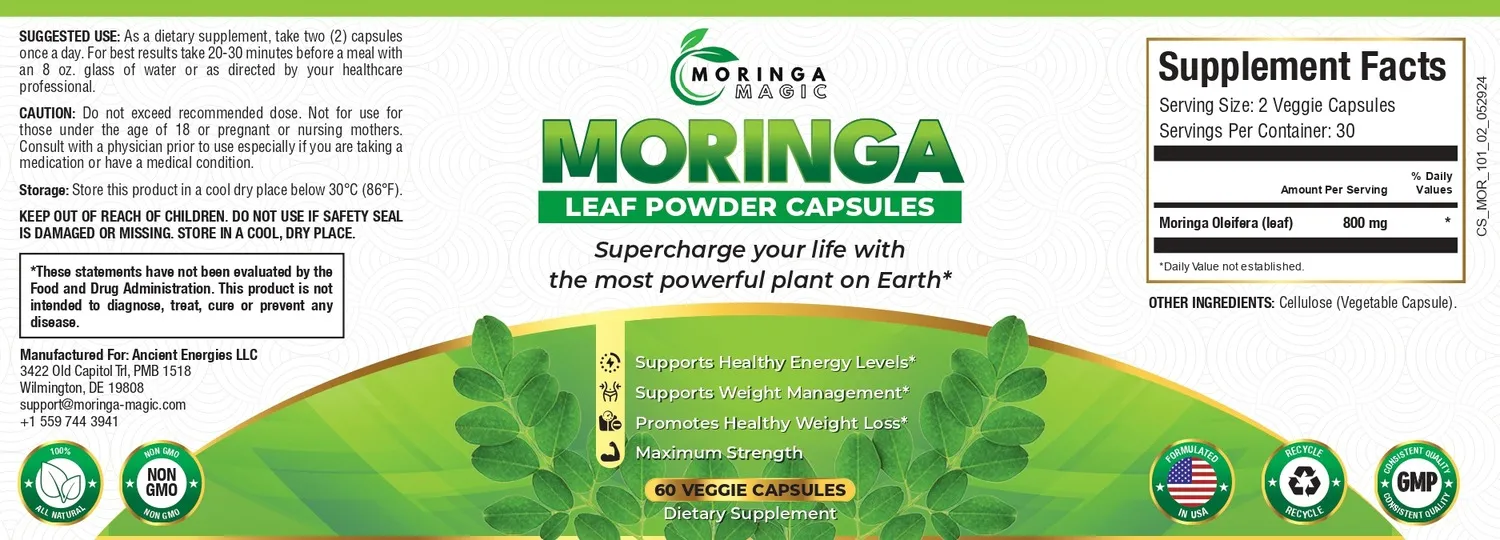 Full Moringa Magic supplement label showing ingredients, nutrition facts, and serving size