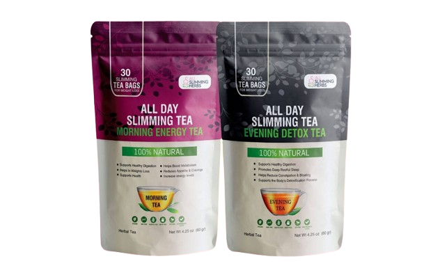 Packaging of All Day Slimming Tea with Morning and Evening herbal blends
