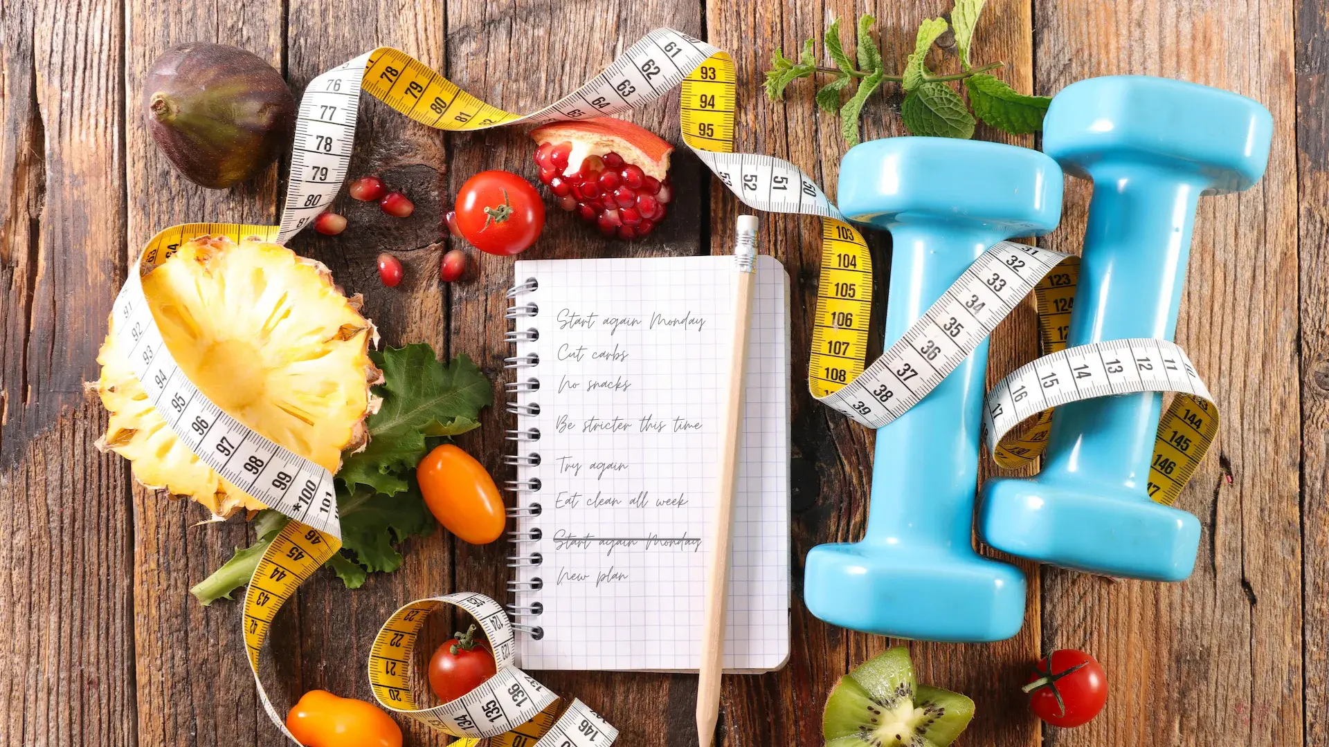 Diet planning setup with tape measure, fruit, dumbbells and notebook showing repeated weight loss attempts